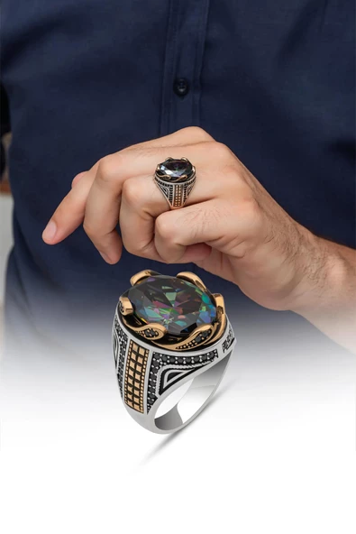 Mistik Topaz Taşlı Dalga Motif 925 Gümüş Erkek Yüzük - Resim 6