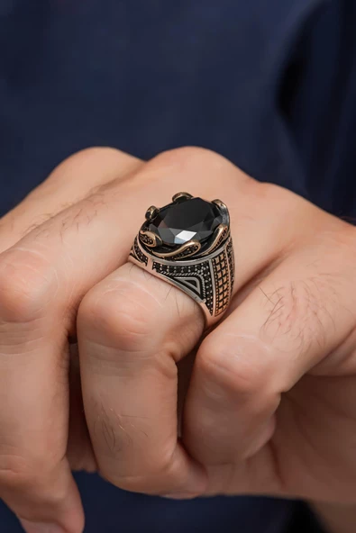 Siyah Taşlı Dalga Motif 925 Gümüş Erkek Yüzük ürün görseli