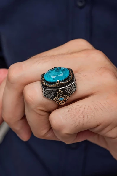 Oval Mavi Blue Paraipa Taşlı 925 Gümüş Erkek Yüzük - Resim 3