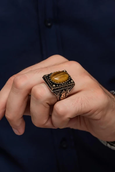 Kaplan Gözü Taşlı 925 Gümüş Erkek Yüzük - Resim 6