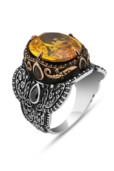 Oval Sarı Sitrin Taşlı 925 Gümüş Erkek Yüzük - Resim 2