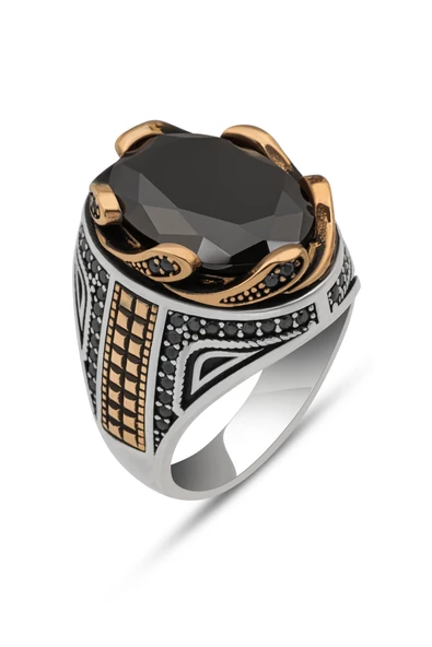 Siyah Taşlı Dalga Motif 925 Gümüş Erkek Yüzük - Resim 2