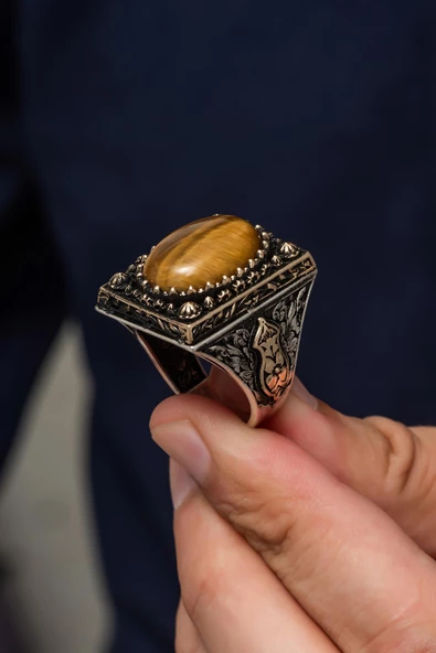 Kaplan Gözü Taşlı 925 Gümüş Erkek Yüzük - Resim 5