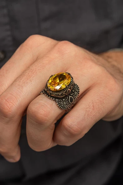 Oval Sarı Sitrin Taşlı 925 Gümüş Erkek Yüzük ürün görseli