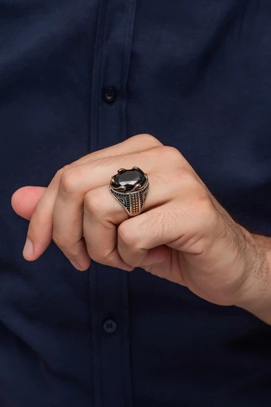 Siyah Taşlı Dalga Motif 925 Gümüş Erkek Yüzük - Resim 6