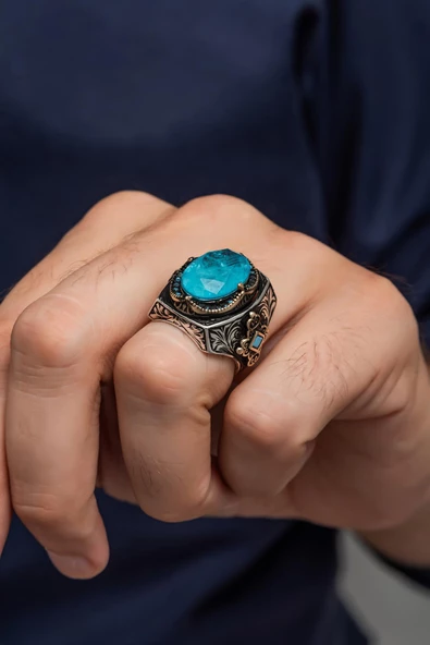 Oval Mavi Blue Paraipa Taşlı 925 Gümüş Erkek Yüzük - Resim 6