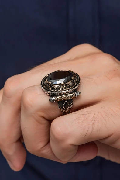 Siyah Taşlı Oval Motifli 925 Gümüş Erkek Yüzük - Resim 4