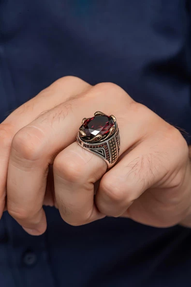 Kırmızı Taşlı Dalga Motif 925 Gümüş Erkek Yüzük - 1