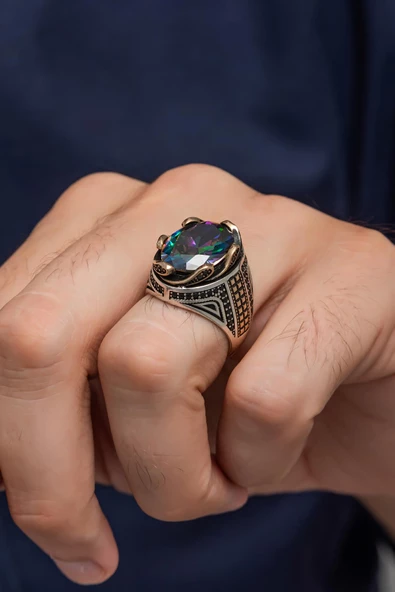 Mistik Topaz Taşlı Dalga Motif 925 Gümüş Erkek Yüzük - Resim 3