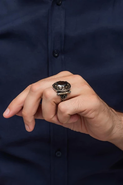 Siyah Taşlı Oval Motifli 925 Gümüş Erkek Yüzük - Resim 3