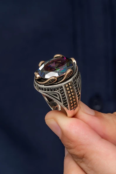 Mistik Topaz Taşlı Dalga Motif 925 Gümüş Erkek Yüzük - Resim 4