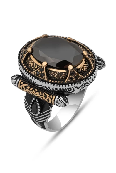 Siyah Taşlı Oval Motifli 925 Gümüş Erkek Yüzük - Resim 2