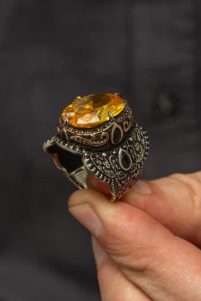 Oval Sarı Sitrin Taşlı 925 Gümüş Erkek Yüzük - Resim 3