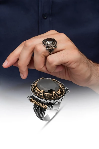 Siyah Taşlı Oval Motifli 925 Gümüş Erkek Yüzük - Resim 6