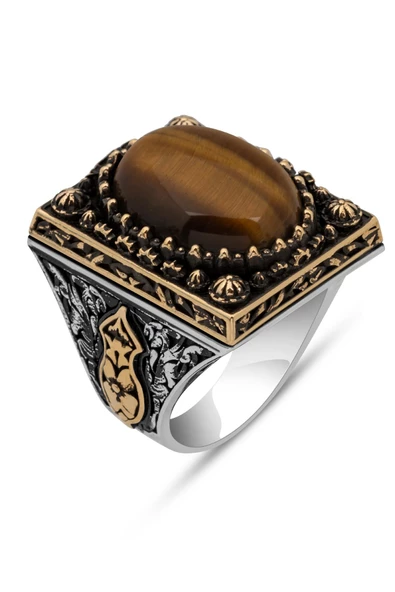 Kaplan Gözü Taşlı 925 Gümüş Erkek Yüzük - Resim 2