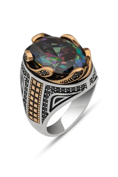 Mistik Topaz Taşlı Dalga Motif 925 Gümüş Erkek Yüzük - Resim 2