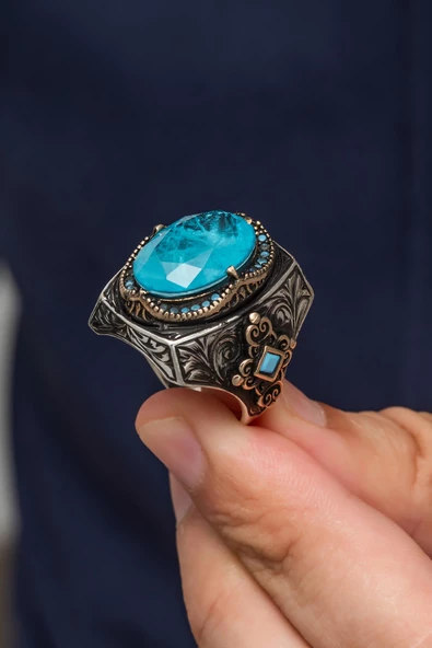 Oval Mavi Blue Paraipa Taşlı 925 Gümüş Erkek Yüzük - Resim 4