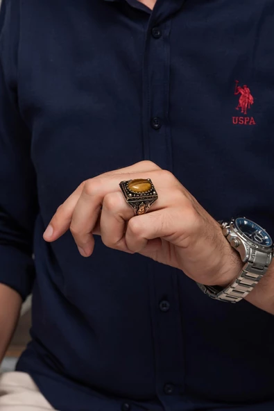 Kaplan Gözü Taşlı 925 Gümüş Erkek Yüzük - Resim 8