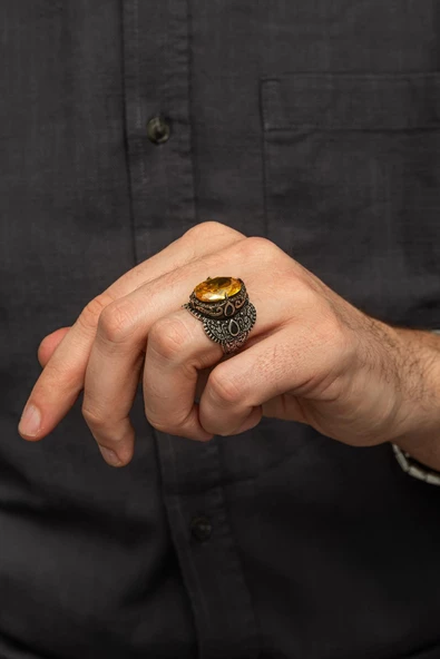 Oval Sarı Sitrin Taşlı 925 Gümüş Erkek Yüzük - Resim 4