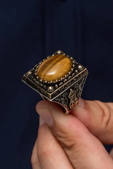 Kaplan Gözü Taşlı 925 Gümüş Erkek Yüzük - Resim 4