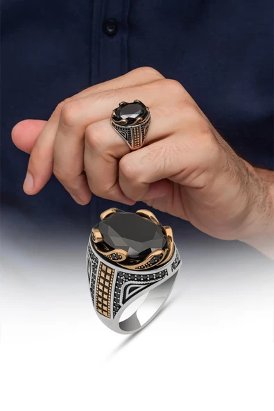 Siyah Taşlı Dalga Motif 925 Gümüş Erkek Yüzük - Resim 5