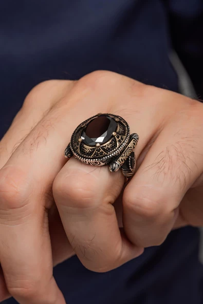 Siyah Taşlı Oval Motifli 925 Gümüş Erkek Yüzük - Resim 5