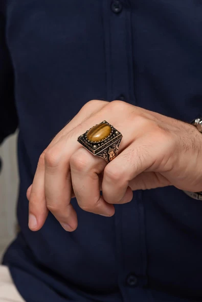 Kaplan Gözü Taşlı 925 Gümüş Erkek Yüzük - Resim 7