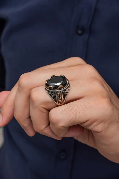 Siyah Taşlı Dalga Motif 925 Gümüş Erkek Yüzük - Resim 4