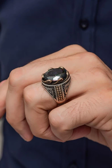 Mistik Topaz Taşlı Dalga Motif 925 Gümüş Erkek Yüzük - Resim 5