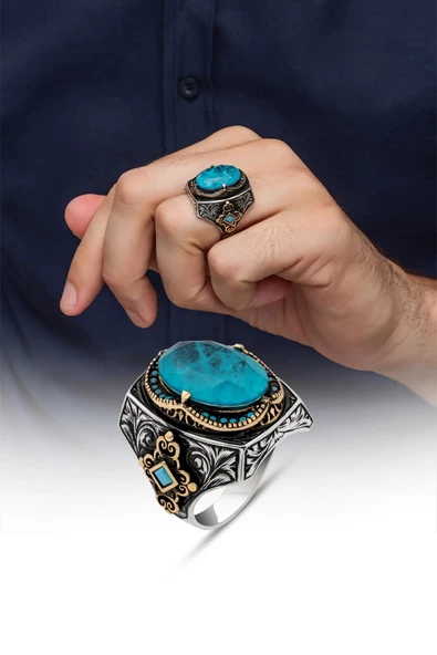 Oval Mavi Blue Paraipa Taşlı 925 Gümüş Erkek Yüzük - Resim 7