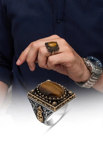 Kaplan Gözü Taşlı 925 Gümüş Erkek Yüzük - Resim 9