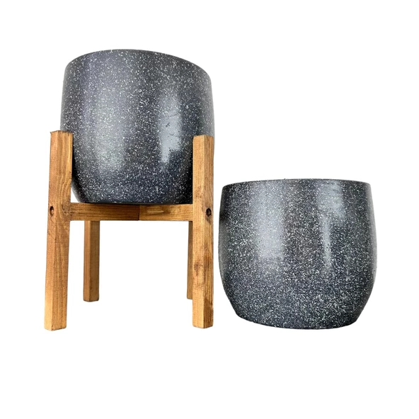 Bitki Tasarımı  Gri Granit Toprak Saksı Saksılık Salon Çiçeklik İkili Set Ayaksız - 4 Ayaklı- 19 CM - Resim 3