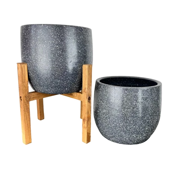 Bitki Tasarımı  Gri Granit Toprak Saksı Saksılık Salon Çiçeklik İkili Set Ayaksız - 4 Ayaklı- 19 CM - Resim 4