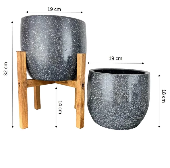 Bitki Tasarımı  Gri Granit Toprak Saksı Saksılık Salon Çiçeklik İkili Set Ayaksız - 4 Ayaklı- 19 CM - Resim 2
