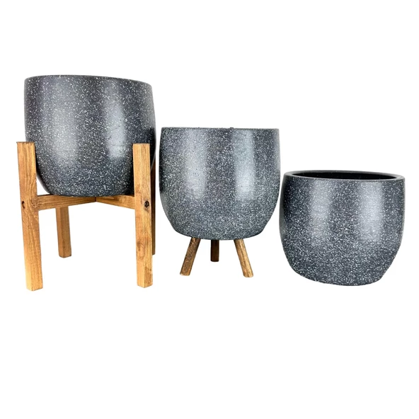 Bitki Tasarımı Gri Granit Toprak Saksı Saksılık Salon Çiçeklik Üçlü Set- 19 CM ürün görseli