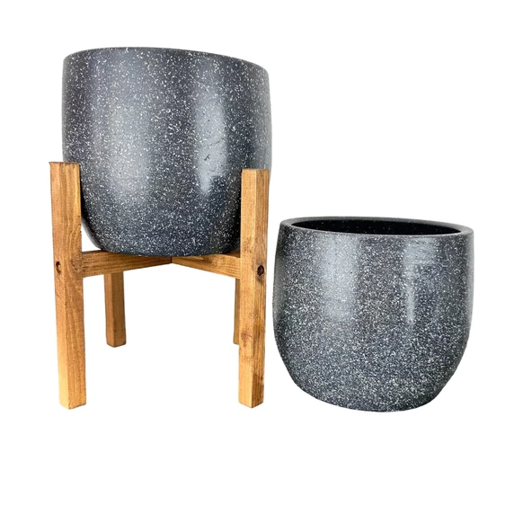 Bitki Tasarımı  Gri Granit Toprak Saksı Saksılık Salon Çiçeklik İkili Set Ayaksız - 4 Ayaklı- 19 CM