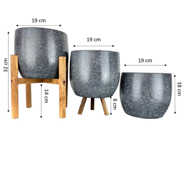 Bitki Tasarımı Gri Granit Toprak Saksı Saksılık Salon Çiçeklik Üçlü Set- 19 CM - Resim 2