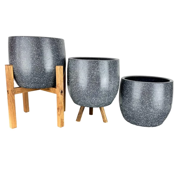 Bitki Tasarımı Gri Granit Toprak Saksı Saksılık Salon Çiçeklik Üçlü Set- 19 CM - Resim 3