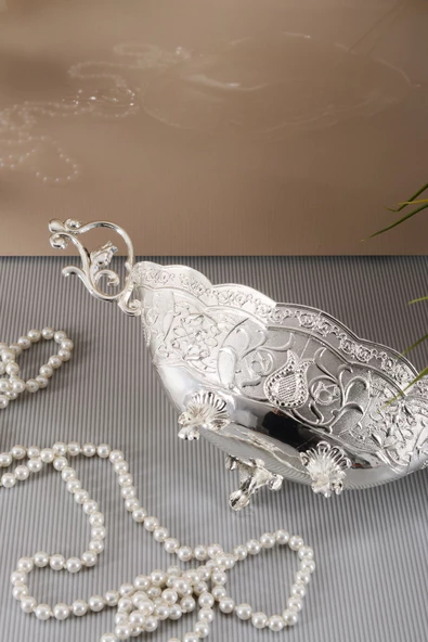 TR Turan Collection Lale Motif İşlemeli Döküm Metal Gondol, Şekerlik Gümüş Renk - 6
