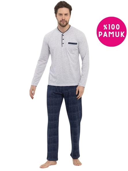 Erkek 3 Düğmeli %100 Pamuk Süprem Göğüs Cepli Mevsimlik Uzun Kol Pijama Takımı - 10