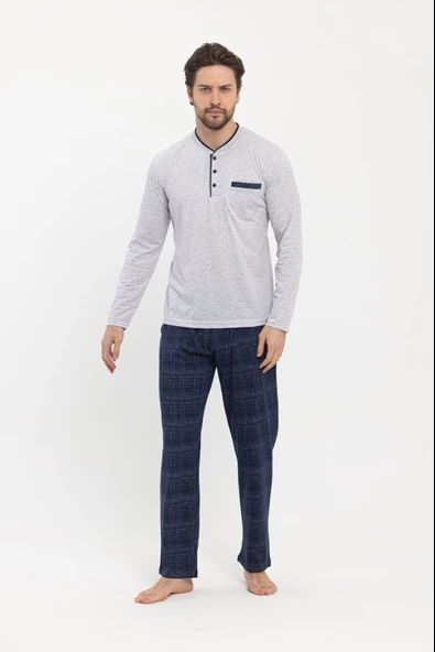 Erkek 3 Düğmeli %100 Pamuk Süprem Göğüs Cepli Mevsimlik Uzun Kol Pijama Takımı - 2