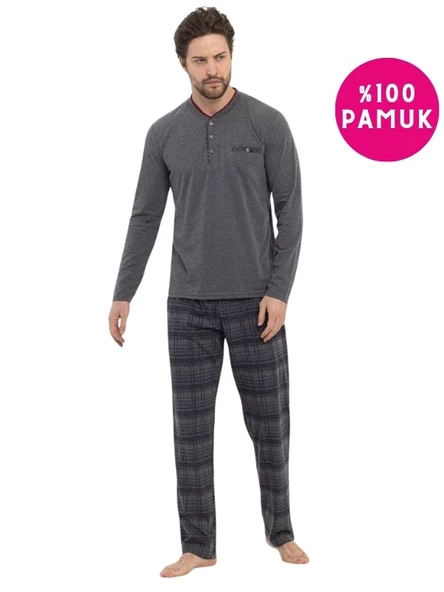 Erkek 3 Düğmeli %100 Pamuk Süprem Göğüs Cepli Mevsimlik Uzun Kol Pijama Takımı - 11