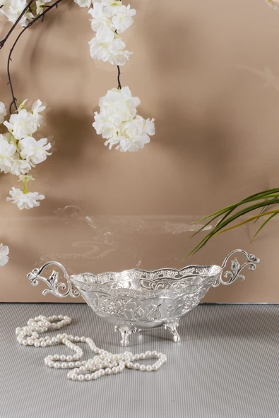 TR Turan Collection Lale Motif İşlemeli Döküm Metal Gondol, Şekerlik Gümüş Renk - 2