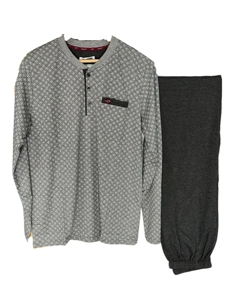 Erkek 3 Düğmeli %100 Pamuk Süprem Göğüs Cepli Mevsimlik Uzun Kol Pijama Takımı - 6