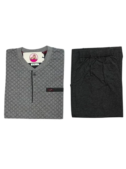 Erkek 3 Düğmeli %100 Pamuk Süprem Göğüs Cepli Mevsimlik Uzun Kol Pijama Takımı - 9