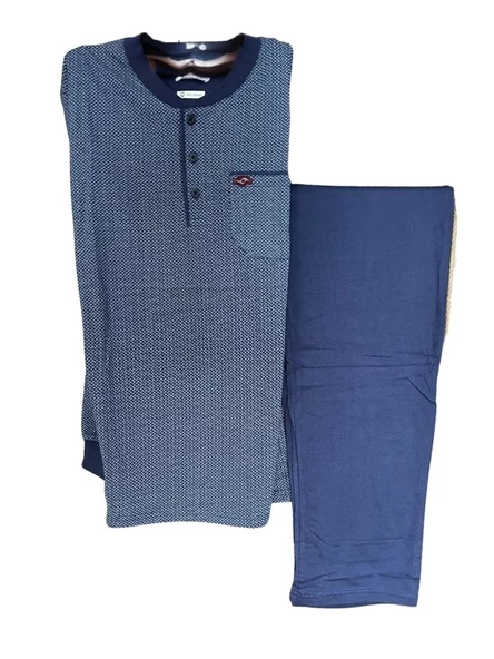 Erkek 3 Düğmeli %100 Pamuk Süprem Göğüs Cepli Mevsimlik Uzun Kol Pijama Takımı - 5