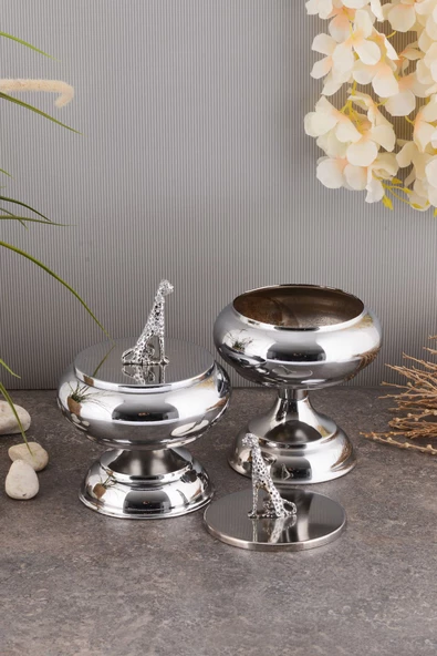 TR Turan Collection PANTER Dekorlu 2'li Metal Sunum Şekerlik Çikolatalık Gümüş Renk - 2