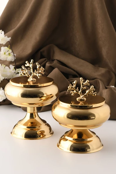 TR Turan Collection 2'li Gold Renk Metal Sunum Şekerlik Çikolatalık Mercan Dekorlu - 2