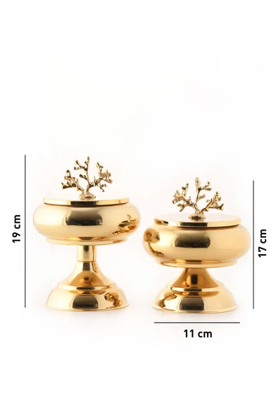 TR Turan Collection 2'li Gold Renk Metal Sunum Şekerlik Çikolatalık Mercan Dekorlu - 6
