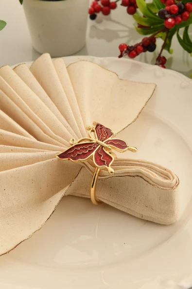 TR Turan Collection BUTTERFLY 6'lı Gold Lüks Peçete Halkası, Kırmızı Mineli Kelebek Peçete Yüzüğü - 5